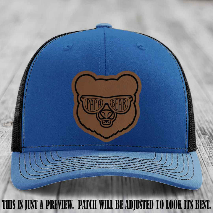 Papa Bear Dark Brown to Black Patch on Royal to Black Hat - Funny custom trucker hat