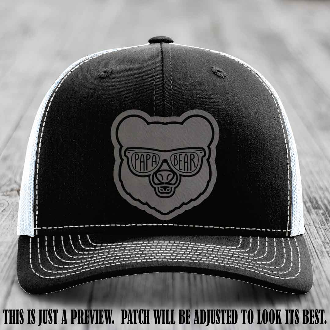 Papa Bear Grey to Black Patch on Black to White Hat - Funny custom trucker hat
