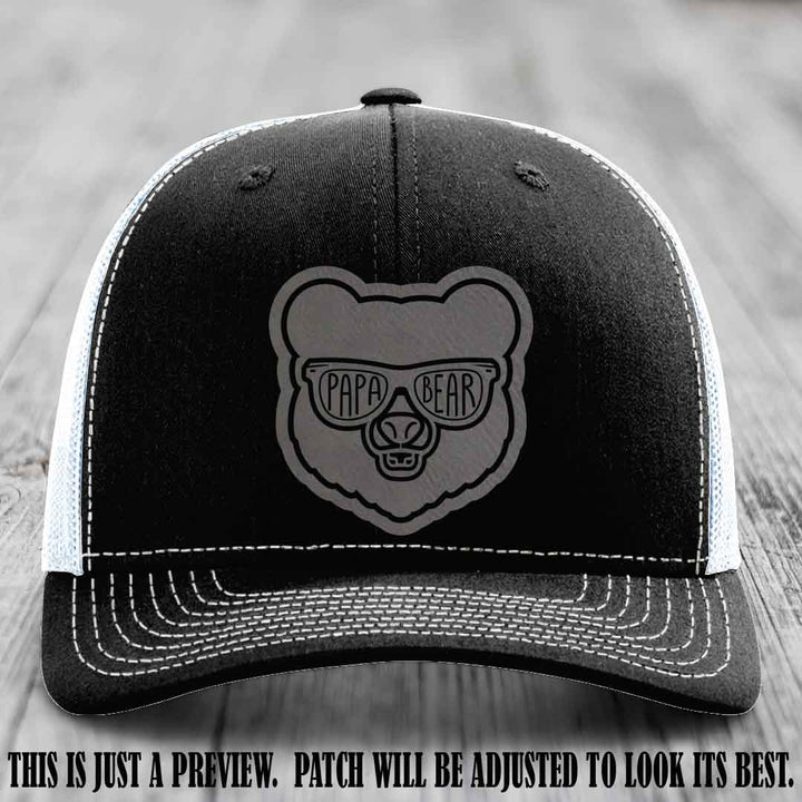 Papa Bear Grey to Black Patch on Black to White Hat - Funny custom trucker hat