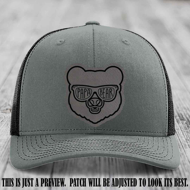 Papa Bear Grey to Black Patch on Heather Grey to Black Hat - Funny custom trucker hat