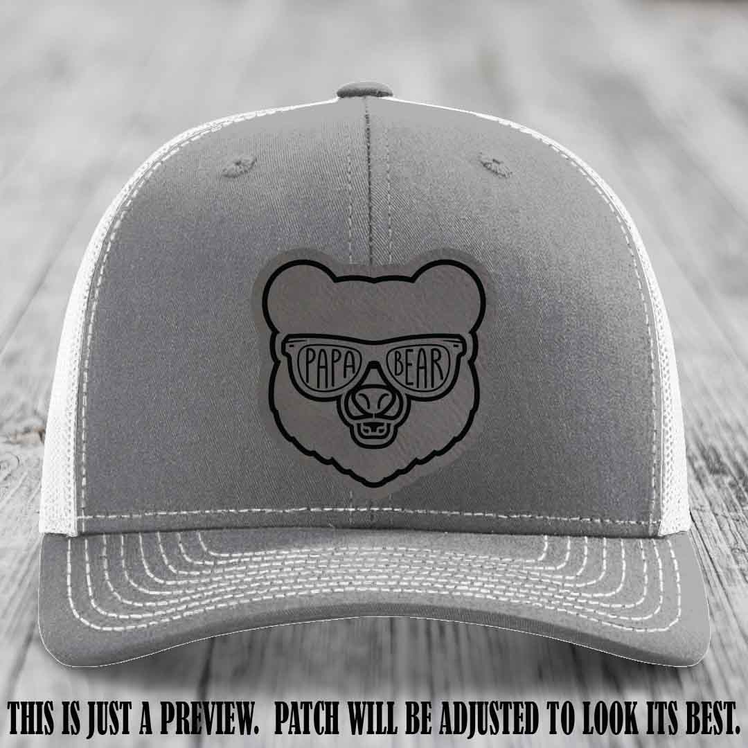 Papa Bear Grey to Black Patch on Heather Grey to White Hat - Funny custom trucker hat