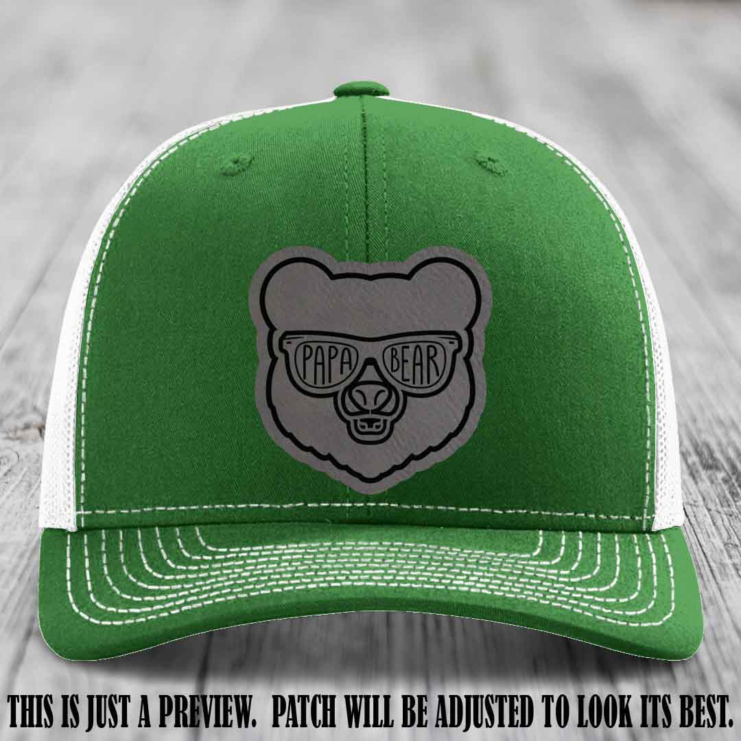 Papa Bear Grey to Black Patch on Kelly to White Hat - Funny custom trucker hat