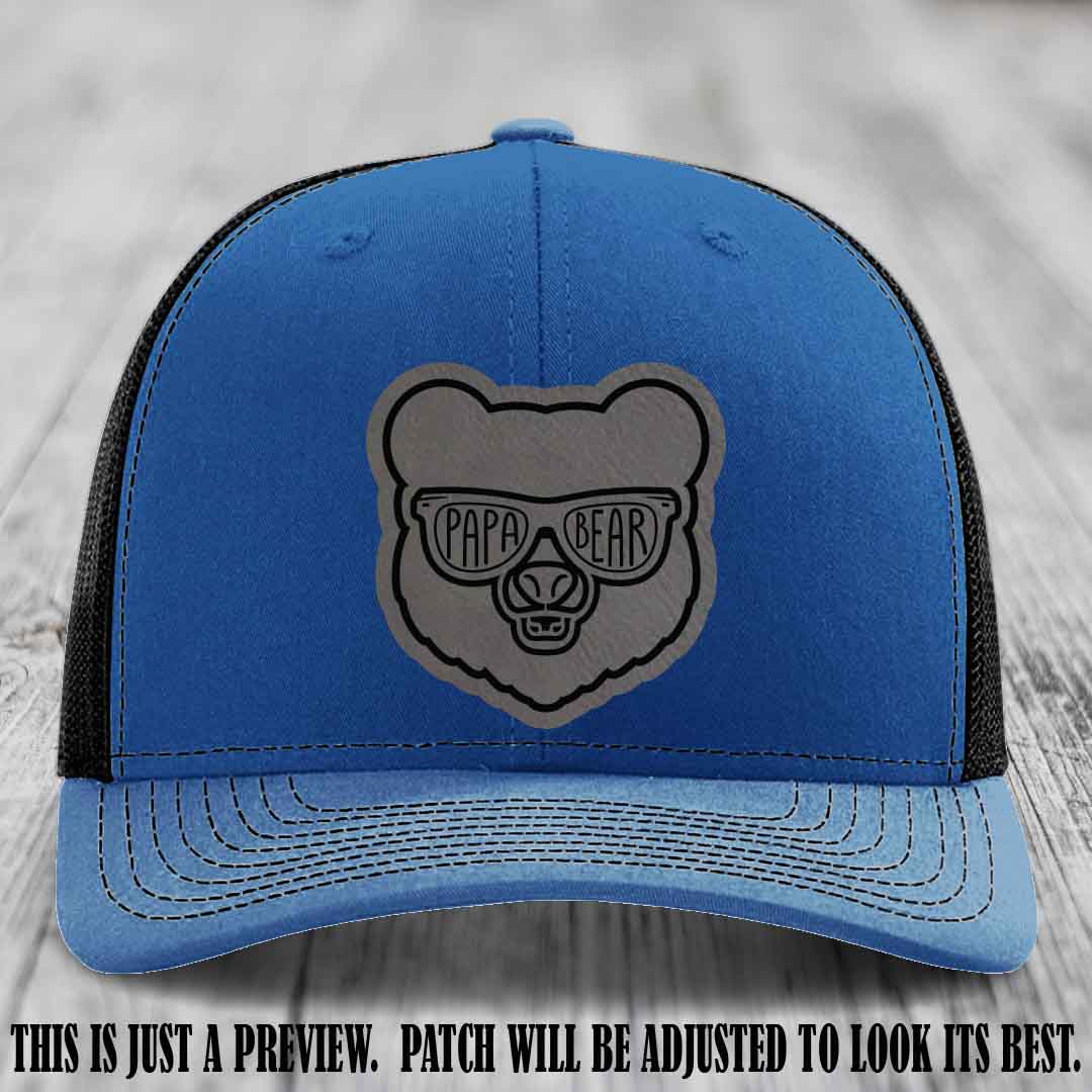 Papa Bear Grey to Black Patch on Royal to Black Hat - Funny custom trucker hat