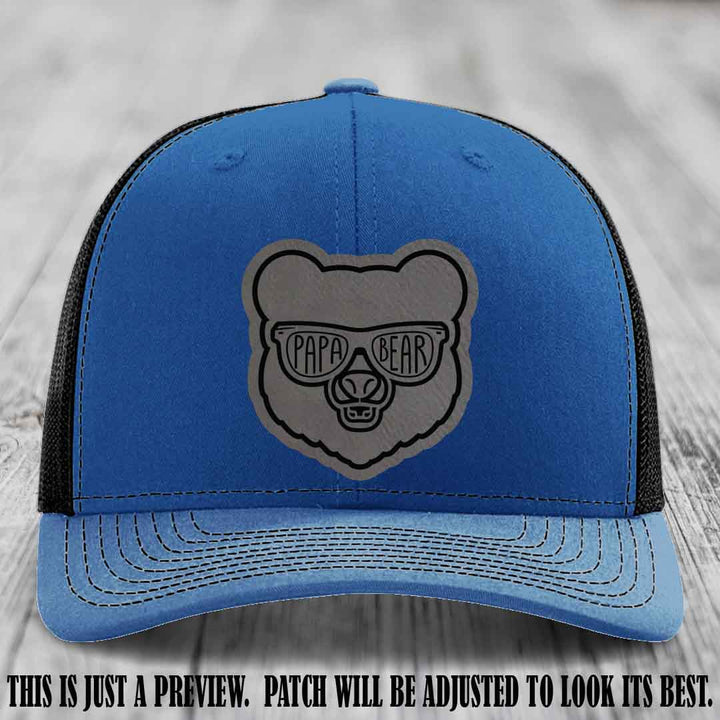 Papa Bear Grey to Black Patch on Royal to Black Hat - Funny custom trucker hat