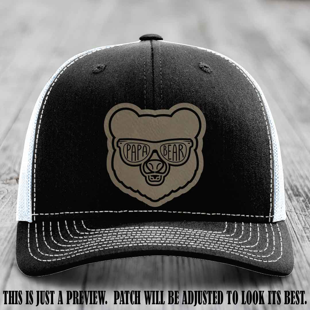 Papa Bear Light Brown to Black Patch on Black to White Hat - Funny custom trucker hat