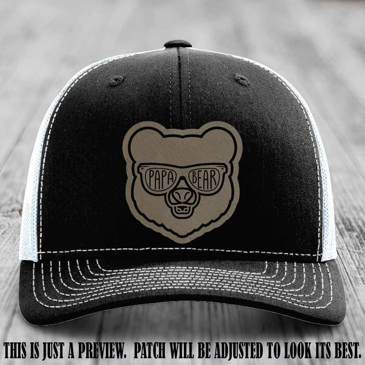 Papa Bear Light Brown to Black Patch on Black to White Hat - Funny custom trucker hat