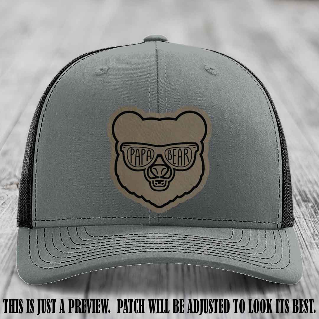 Papa Bear Light Brown to Black Patch on Heather Grey to Black Hat - Funny custom trucker hat