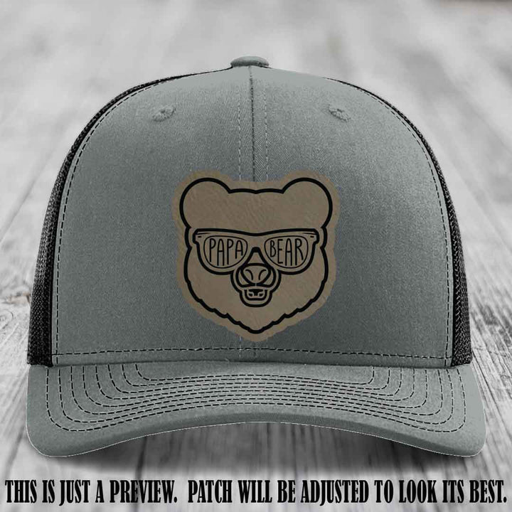 Papa Bear Light Brown to Black Patch on Heather Grey to Black Hat - Funny custom trucker hat
