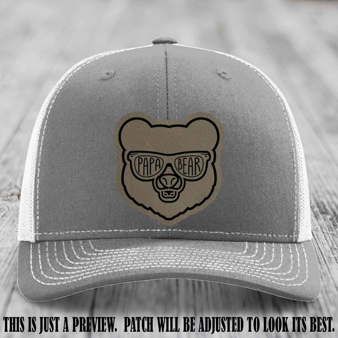 Papa Bear Light Brown to Black Patch on Heather Grey to White Hat - Funny custom trucker hat