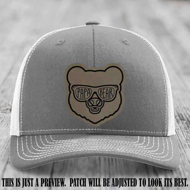 Papa Bear Light Brown to Black Patch on Heather Grey to White Hat - Funny custom trucker hat