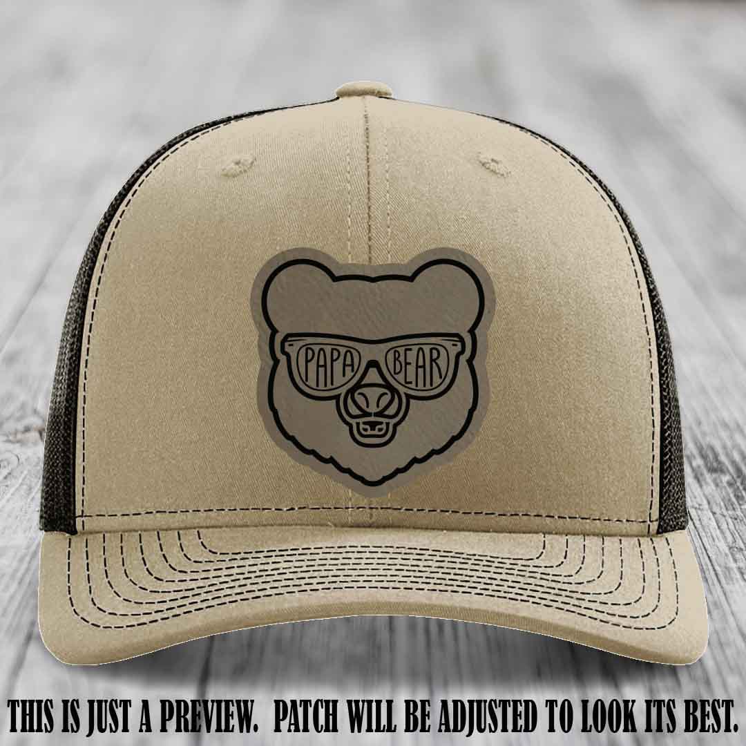 Papa Bear Light Brown to Black Patch on Khaki to Coffee Hat - Funny custom trucker hat