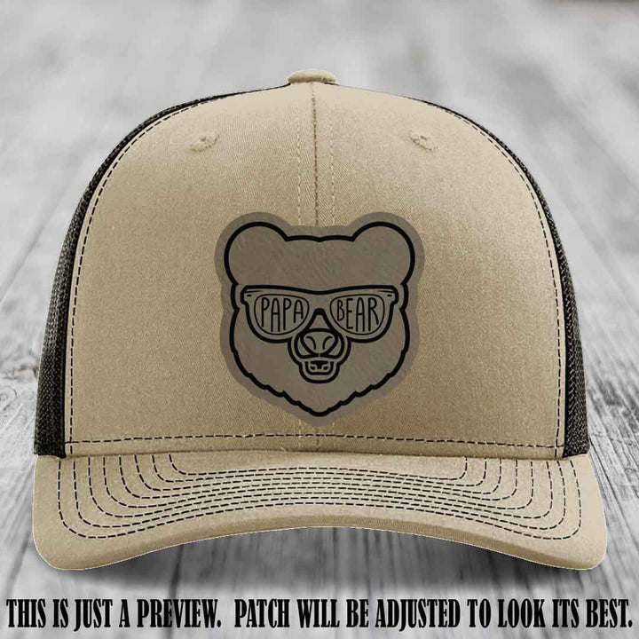 Papa Bear Light Brown to Black Patch on Khaki to Coffee Hat - Funny custom trucker hat