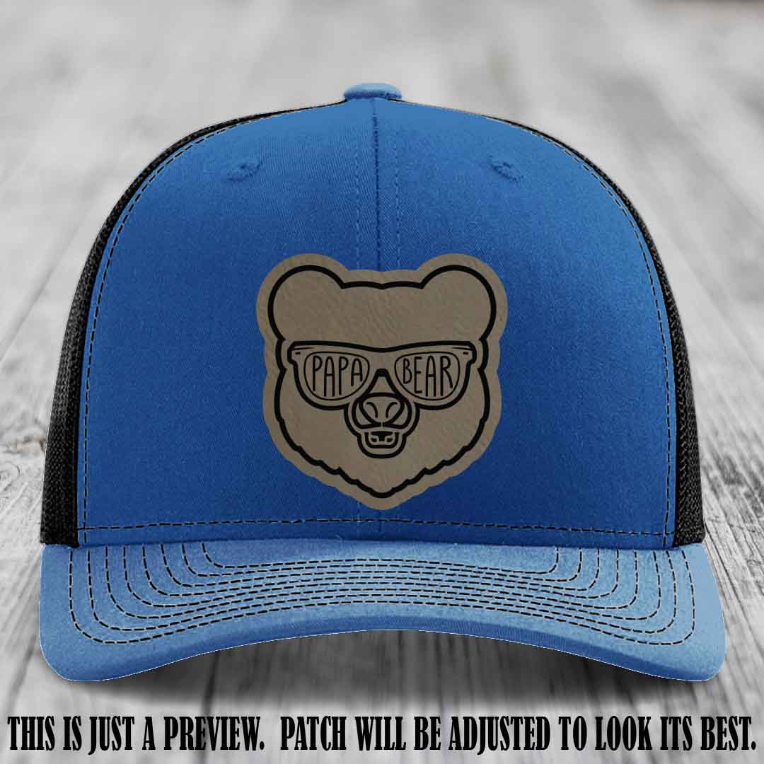 Papa Bear Light Brown to Black Patch on Royal to Black Hat - Funny custom trucker hat