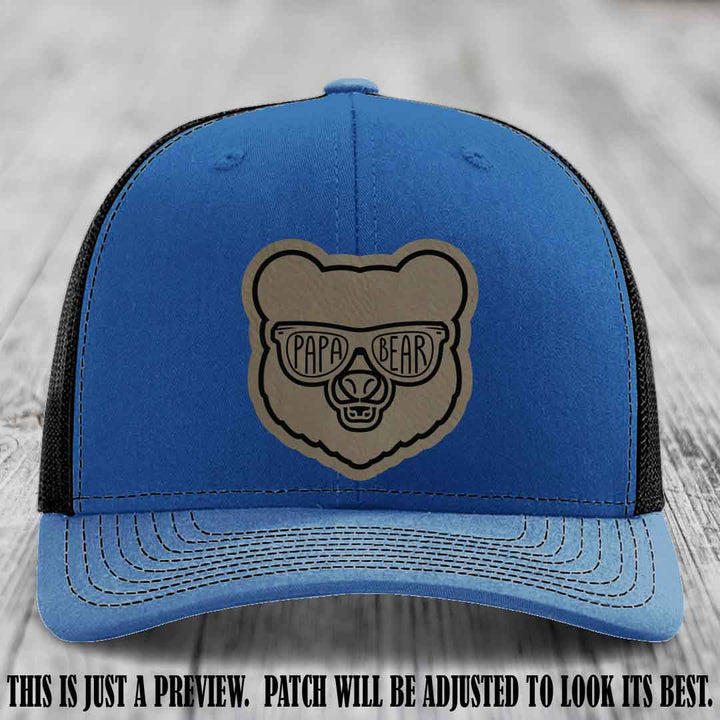 Papa Bear Light Brown to Black Patch on Royal to Black Hat - Funny custom trucker hat