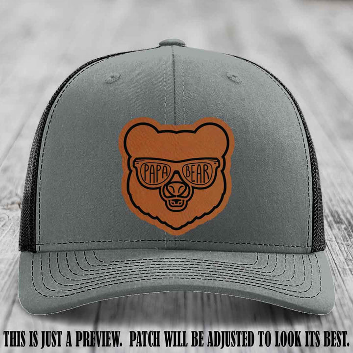 Papa Bear Rawhide to Black Patch on Heather Grey to Black Hat - Funny custom trucker hat