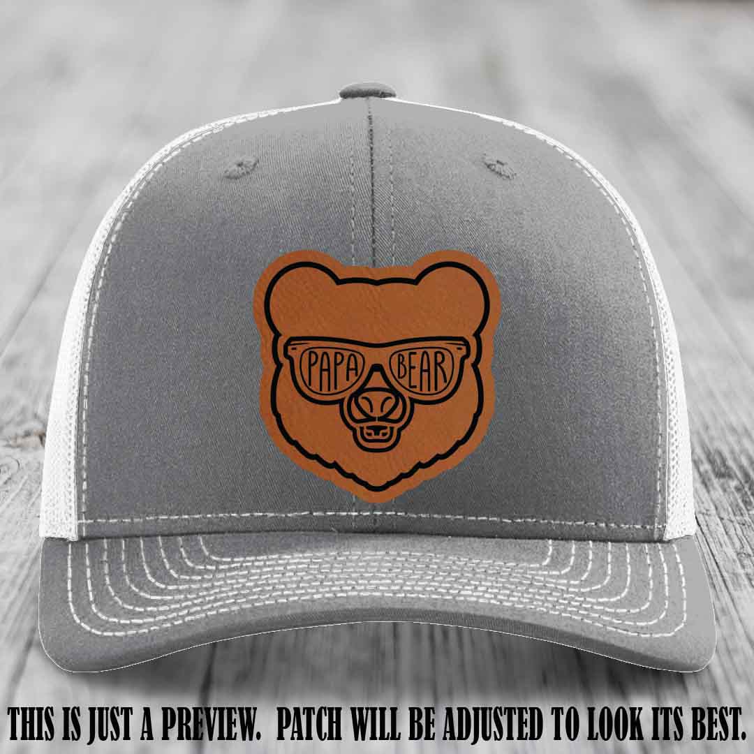 Papa Bear Rawhide to Black Patch on Heather Grey to White Hat - Funny custom trucker hat