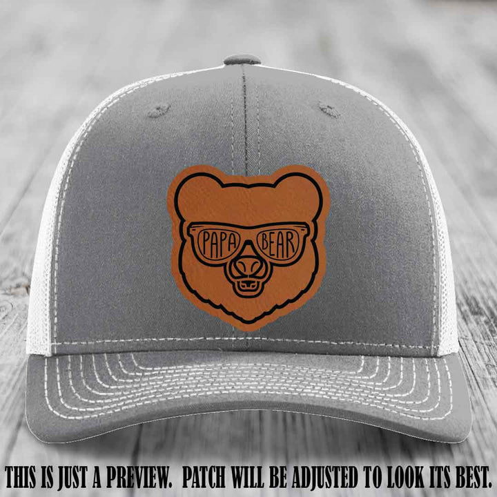 Papa Bear Rawhide to Black Patch on Heather Grey to White Hat - Funny custom trucker hat