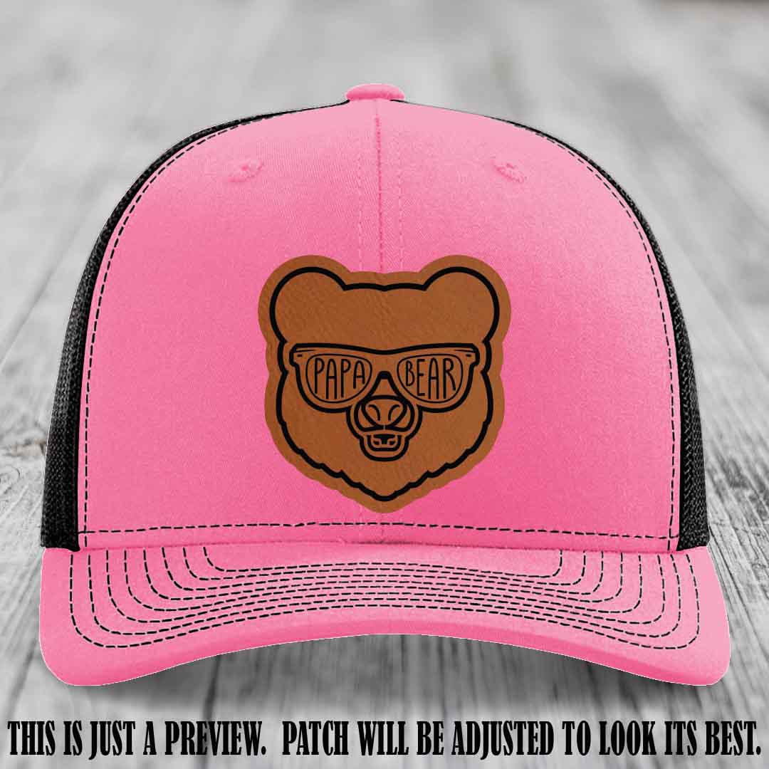 Papa Bear Rawhide to Black Patch on Hot Pink to Black Hat - Funny custom trucker hat