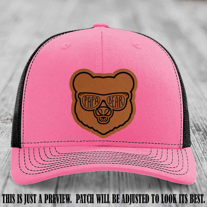 Papa Bear Rawhide to Black Patch on Hot Pink to Black Hat - Funny custom trucker hat