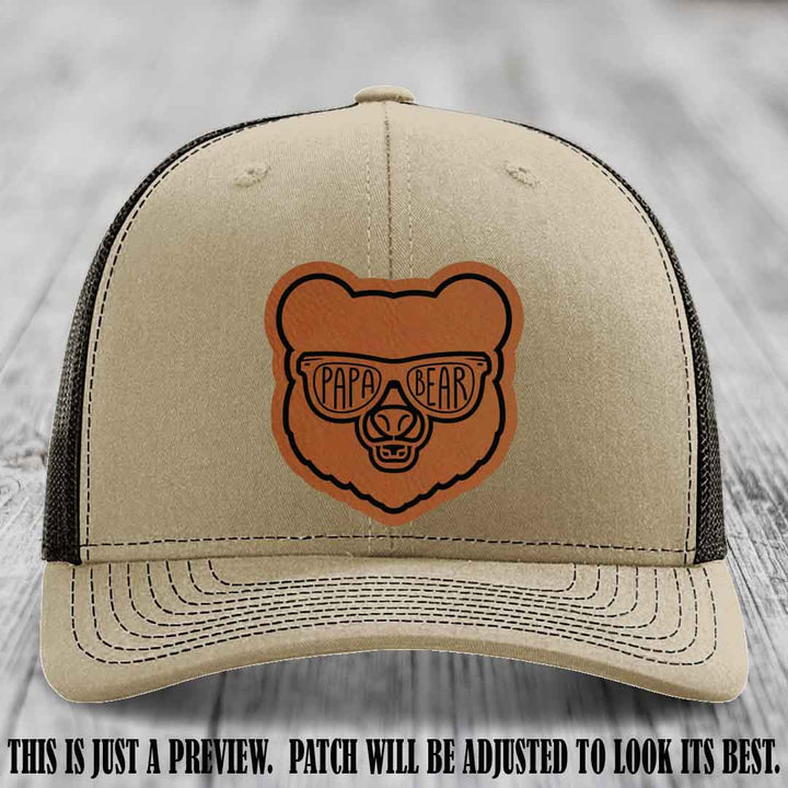 Papa Bear Rawhide to Black Patch on Khaki to Coffee Hat - Funny custom trucker hat