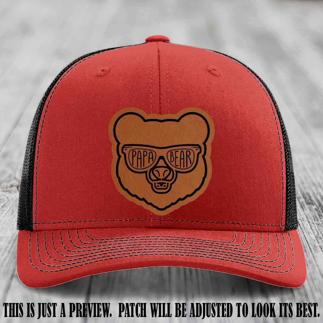 Papa Bear Rawhide to Black Patch on Red to Black Hat - Funny custom trucker hat