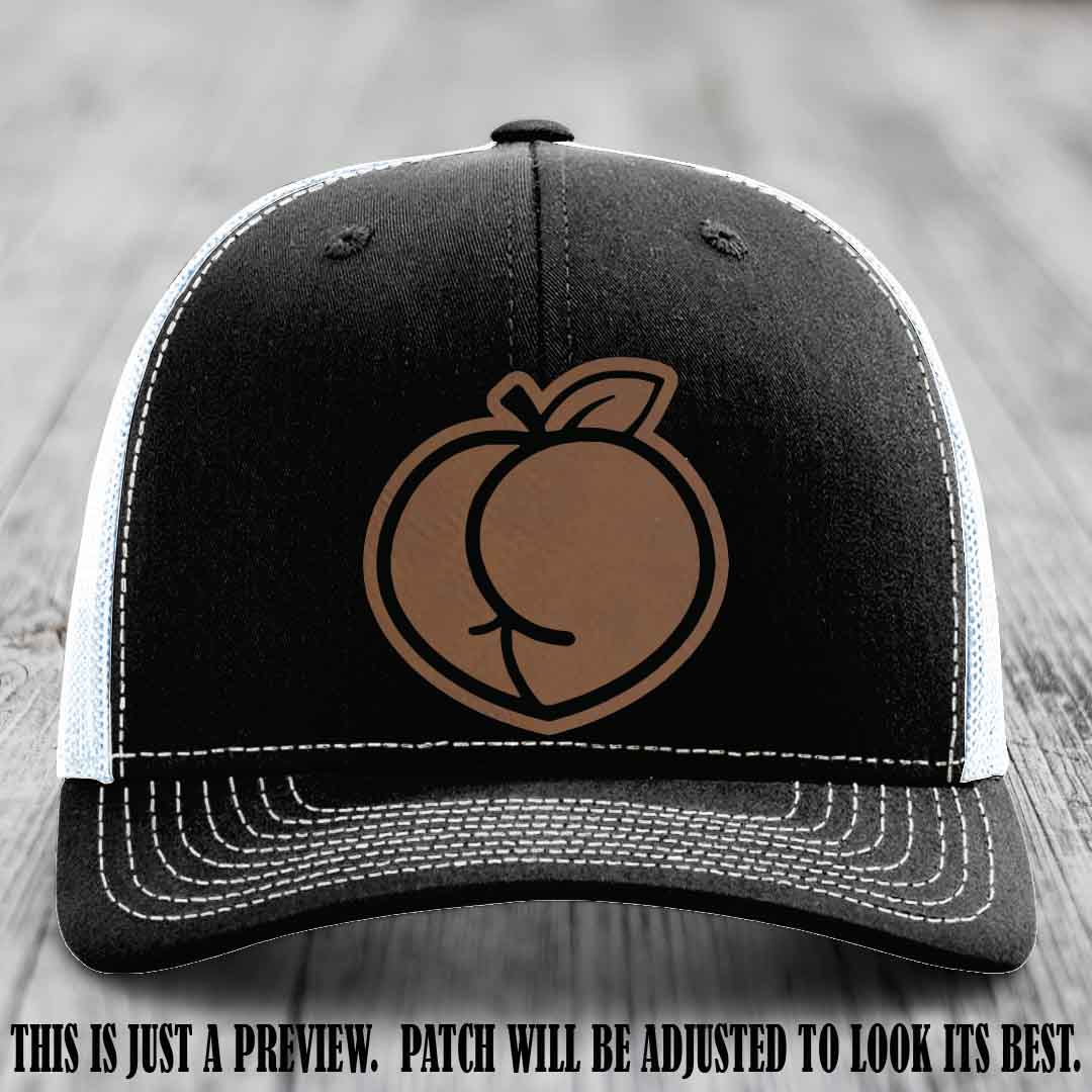 Peachy Keen Dark Brown to Black Patch on Black to White Hat - Funny Custom Richardson 112 Leather Patch Hat