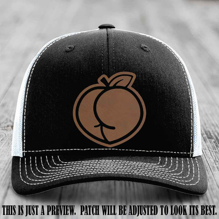 Peachy Keen Dark Brown to Black Patch on Black to White Hat - Funny Custom Richardson 112 Leather Patch Hat