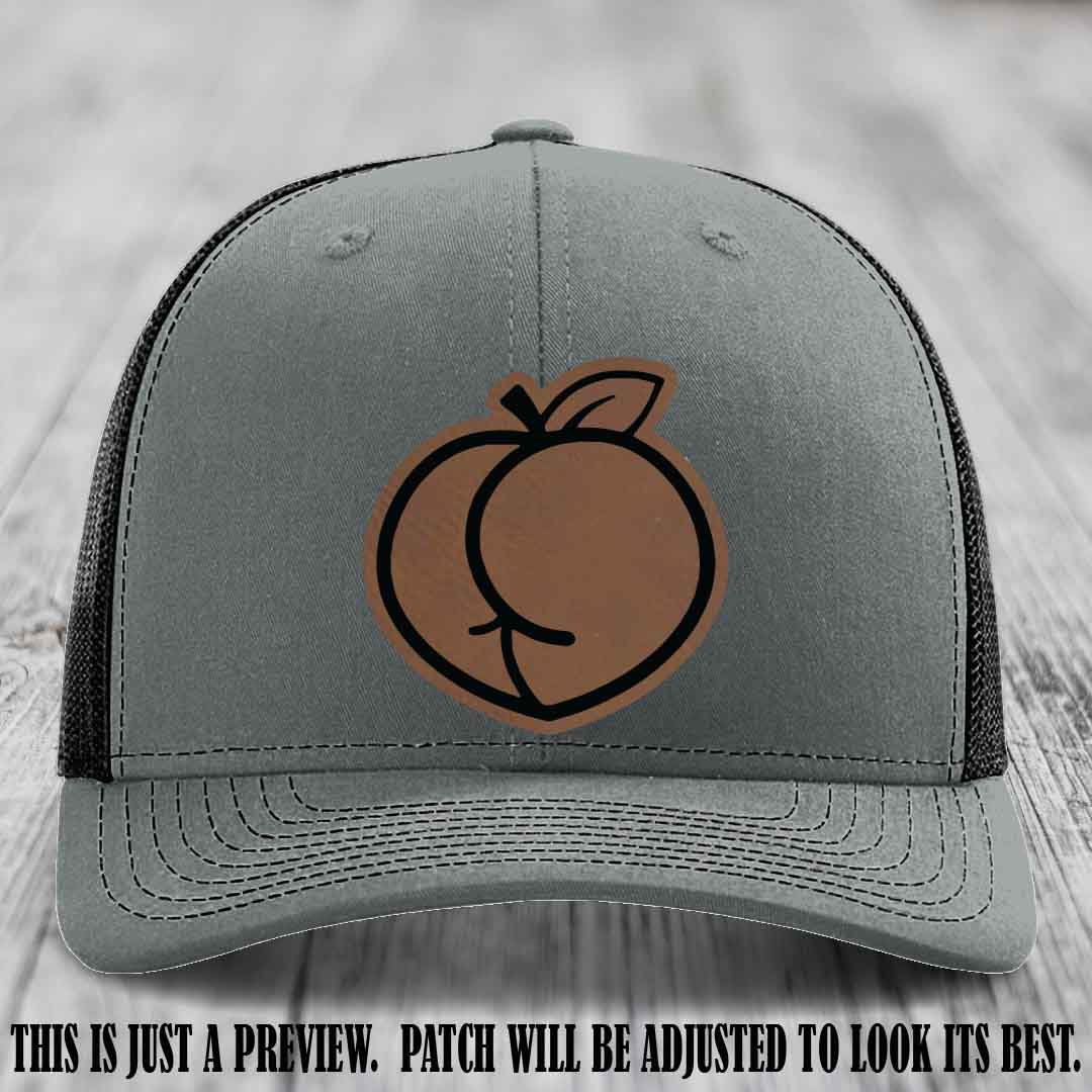 Peachy Keen Dark Brown to Black Patch on Heather Grey to Black Hat - Funny Custom Richardson 112 Leather Patch Hat