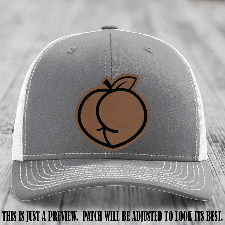Peachy Keen Dark Brown to Black Patch on Heather Grey to White Hat - Funny Custom Richardson 112 Leather Patch Hat