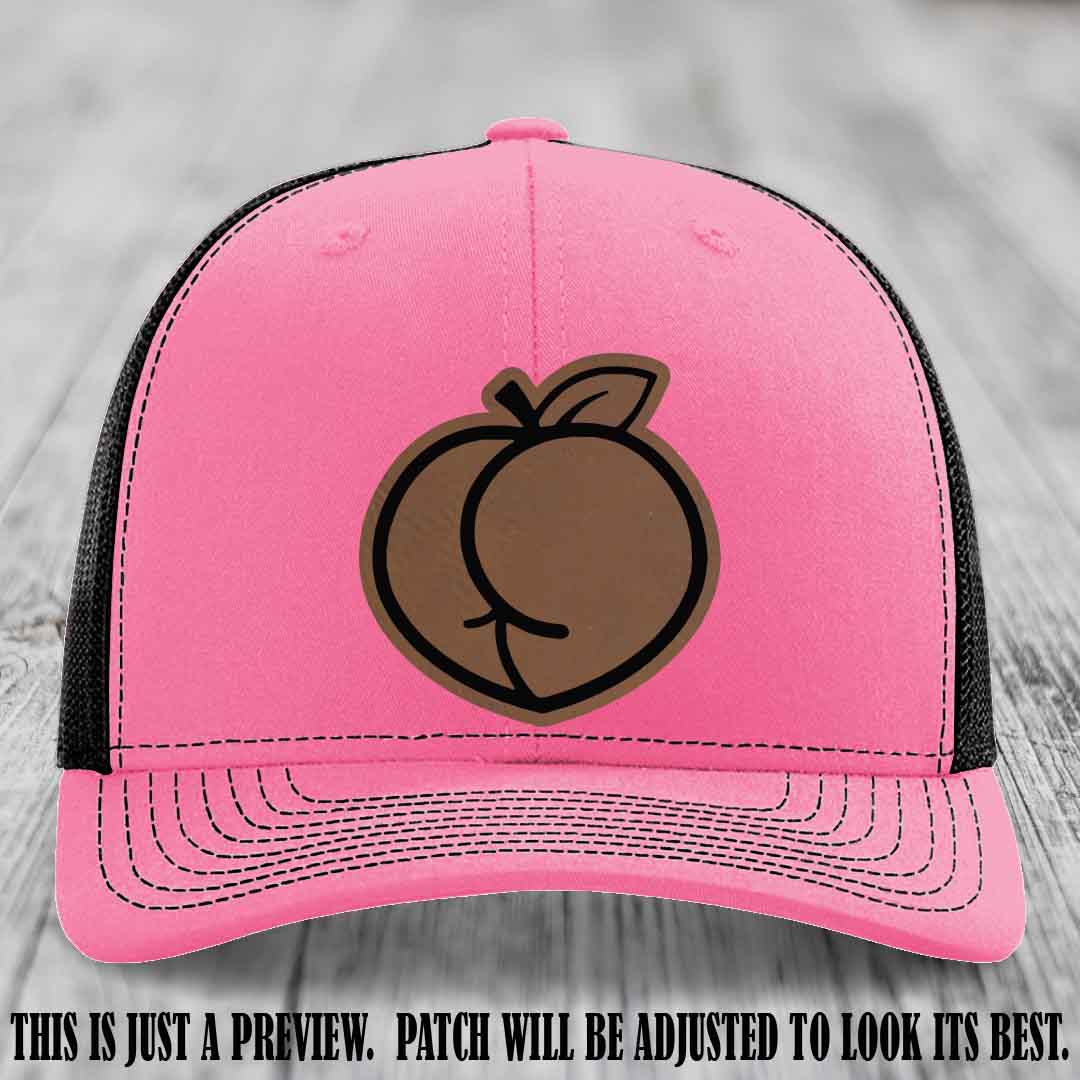 Peachy Keen Dark Brown to Black Patch on Hot Pink to Black Hat - Funny Custom Richardson 112 Leather Patch Hat