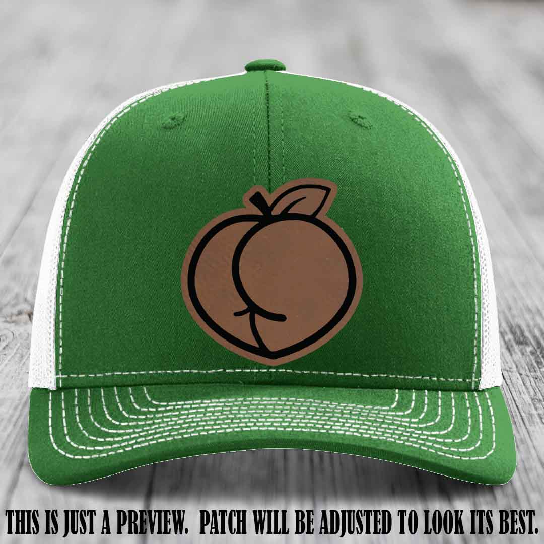 Peachy Keen Dark Brown to Black Patch on Kelly to White Hat - Funny Custom Richardson 112 Leather Patch Hat