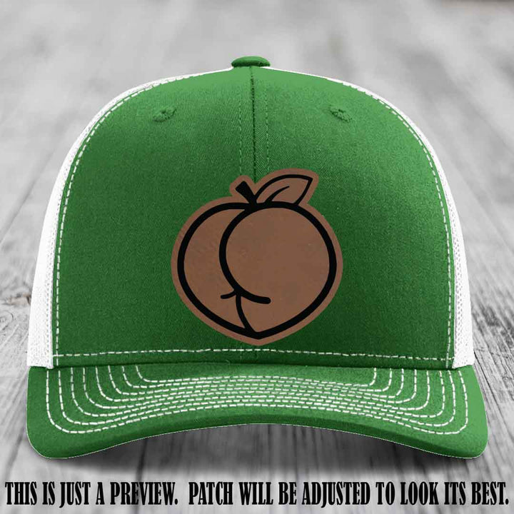 Peachy Keen Dark Brown to Black Patch on Kelly to White Hat - Funny Custom Richardson 112 Leather Patch Hat