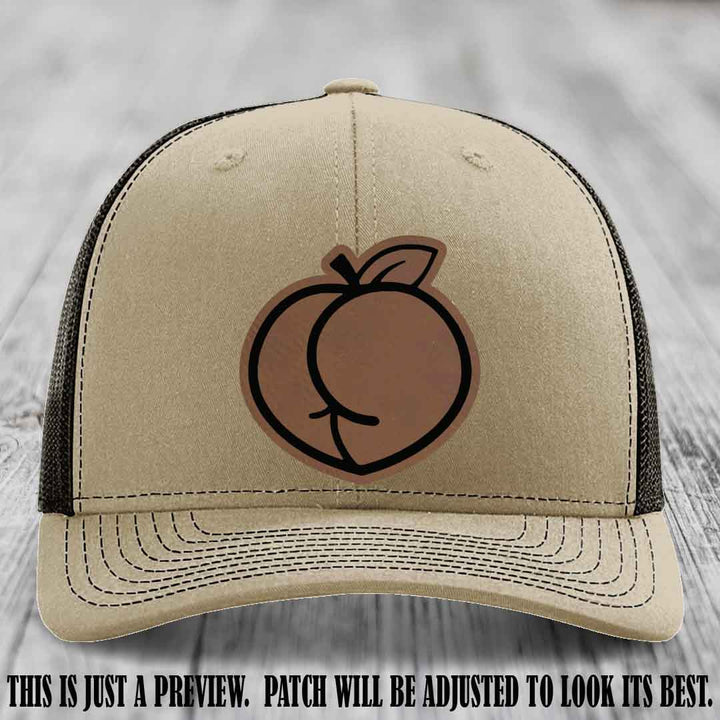 Peachy Keen Dark Brown to Black Patch on Khaki to Coffee Hat - Funny Custom Richardson 112 Leather Patch Hat