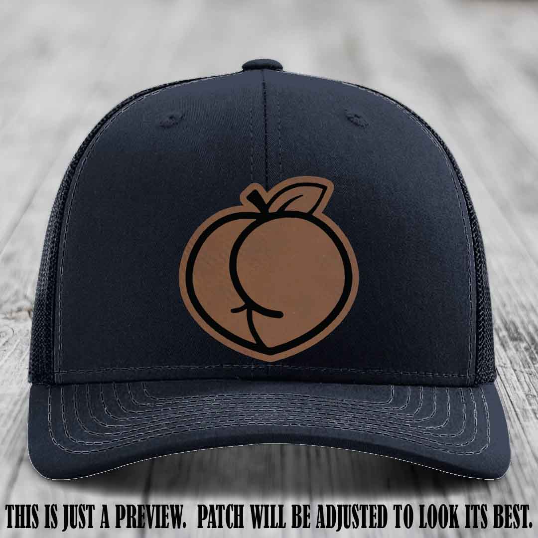 Peachy Keen Dark Brown to Black Patch on Navy Hat - Funny Custom Richardson 112 Leather Patch Hat