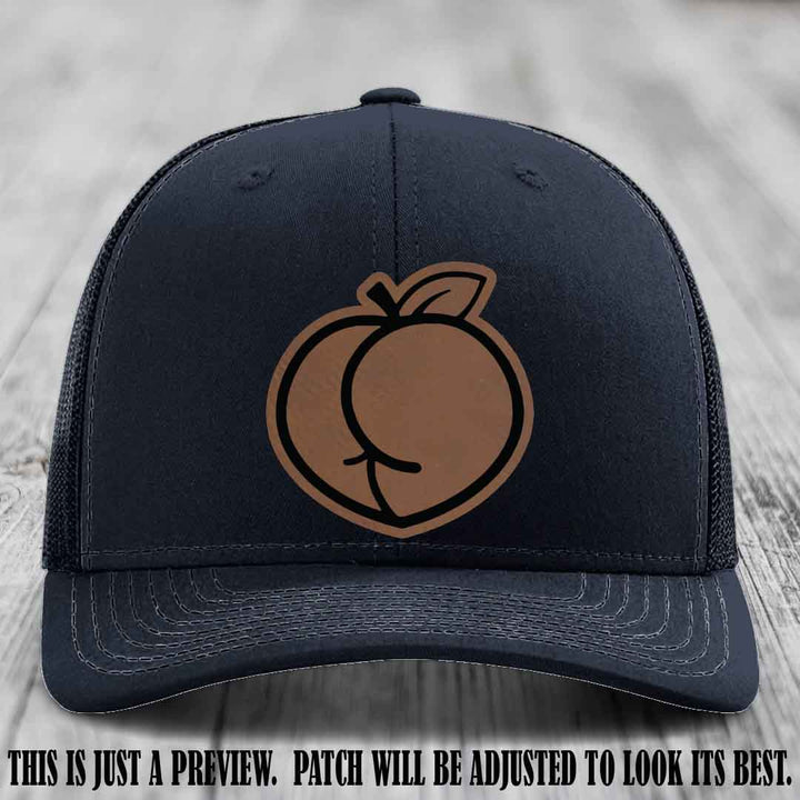 Peachy Keen Dark Brown to Black Patch on Navy Hat - Funny Custom Richardson 112 Leather Patch Hat