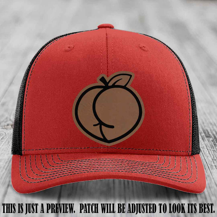 Peachy Keen Dark Brown to Black Patch on Red to Black Hat - Funny Custom Richardson 112 Leather Patch Hat