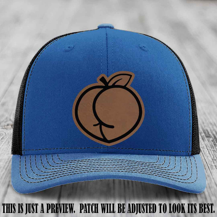 Peachy Keen Dark Brown to Black Patch on Royal to Black Hat - Funny Custom Richardson 112 Leather Patch Hat