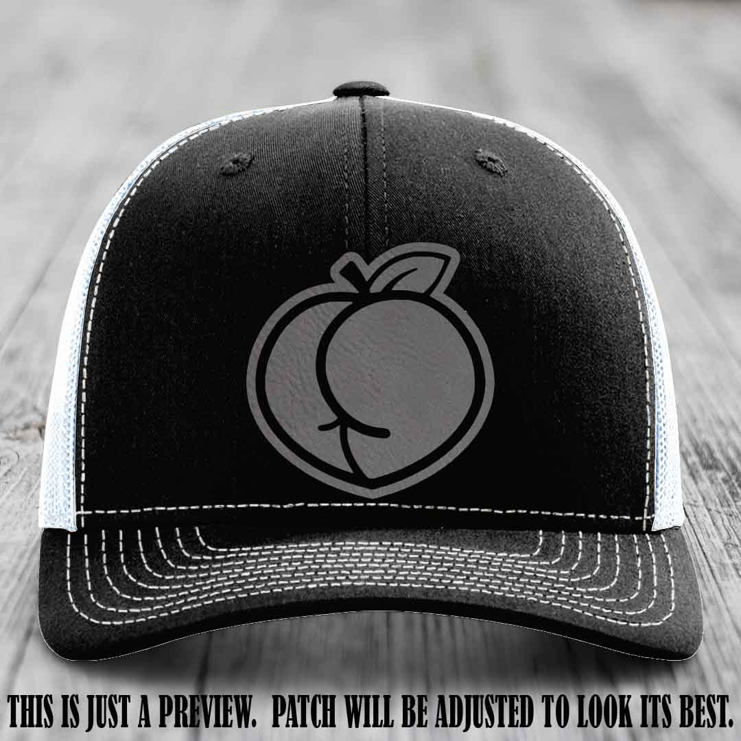 Peachy Keen Grey to Black Patch on Black to White Hat - Funny Custom Richardson 112 Leather Patch Hat