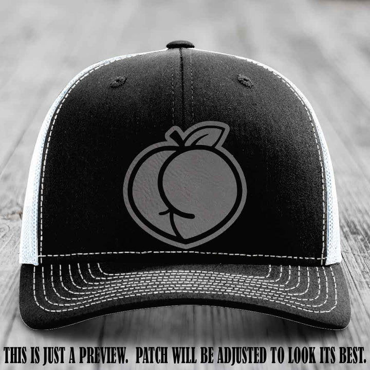 Peachy Keen Grey to Black Patch on Black to White Hat - Funny Custom Richardson 112 Leather Patch Hat