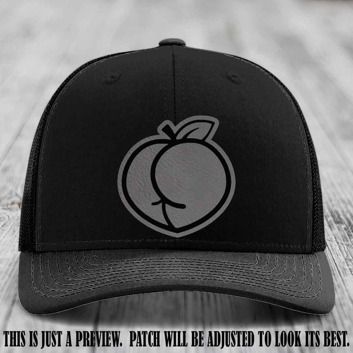 Peachy Keen Grey to Black Patch on Black Hat - Funny Custom Richardson 112 Leather Patch Hat