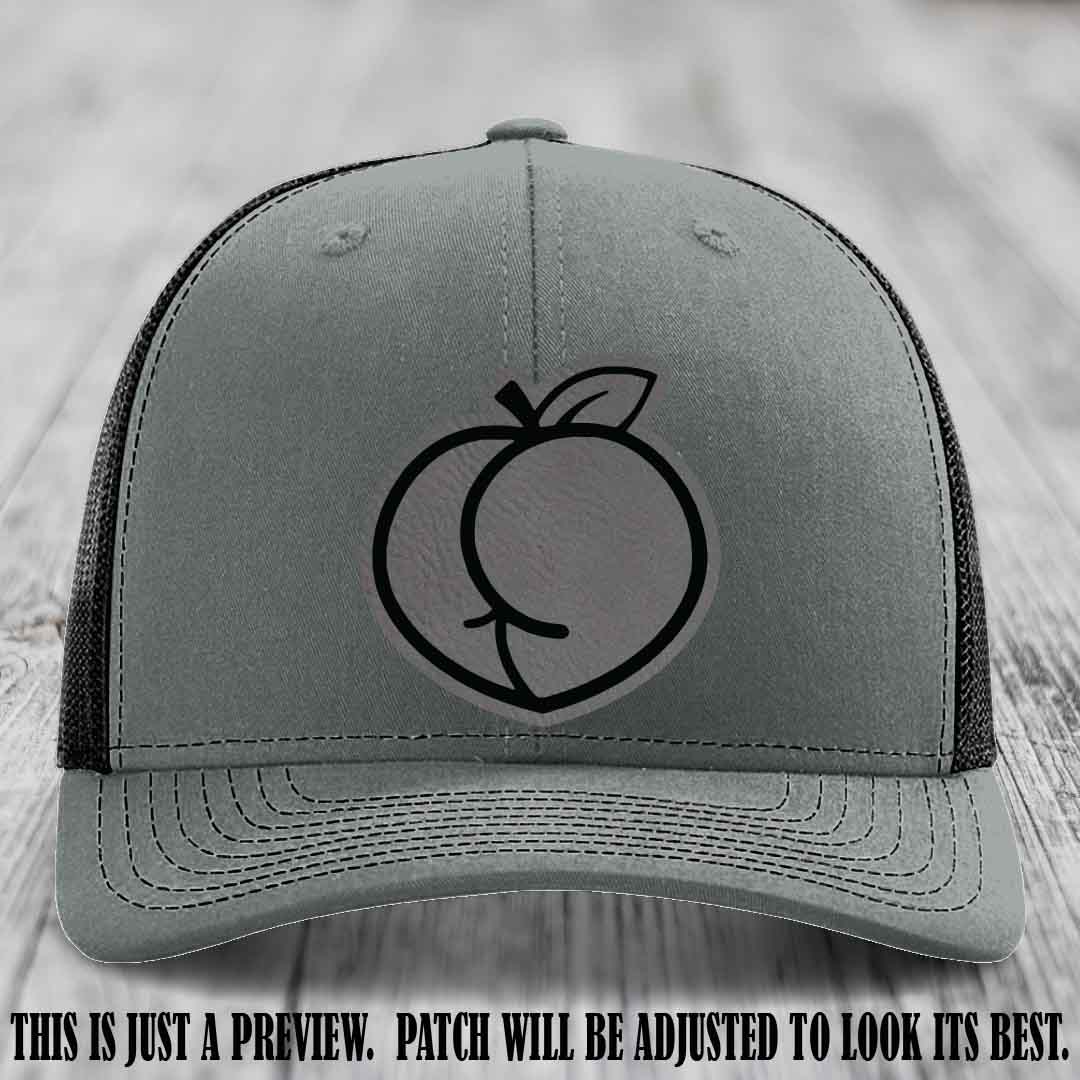Peachy Keen Grey to Black Patch on Heather Grey to Black Hat - Funny Custom Richardson 112 Leather Patch Hat