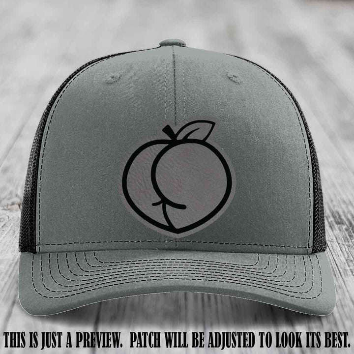 Peachy Keen Grey to Black Patch on Heather Grey to Black Hat - Funny Custom Richardson 112 Leather Patch Hat