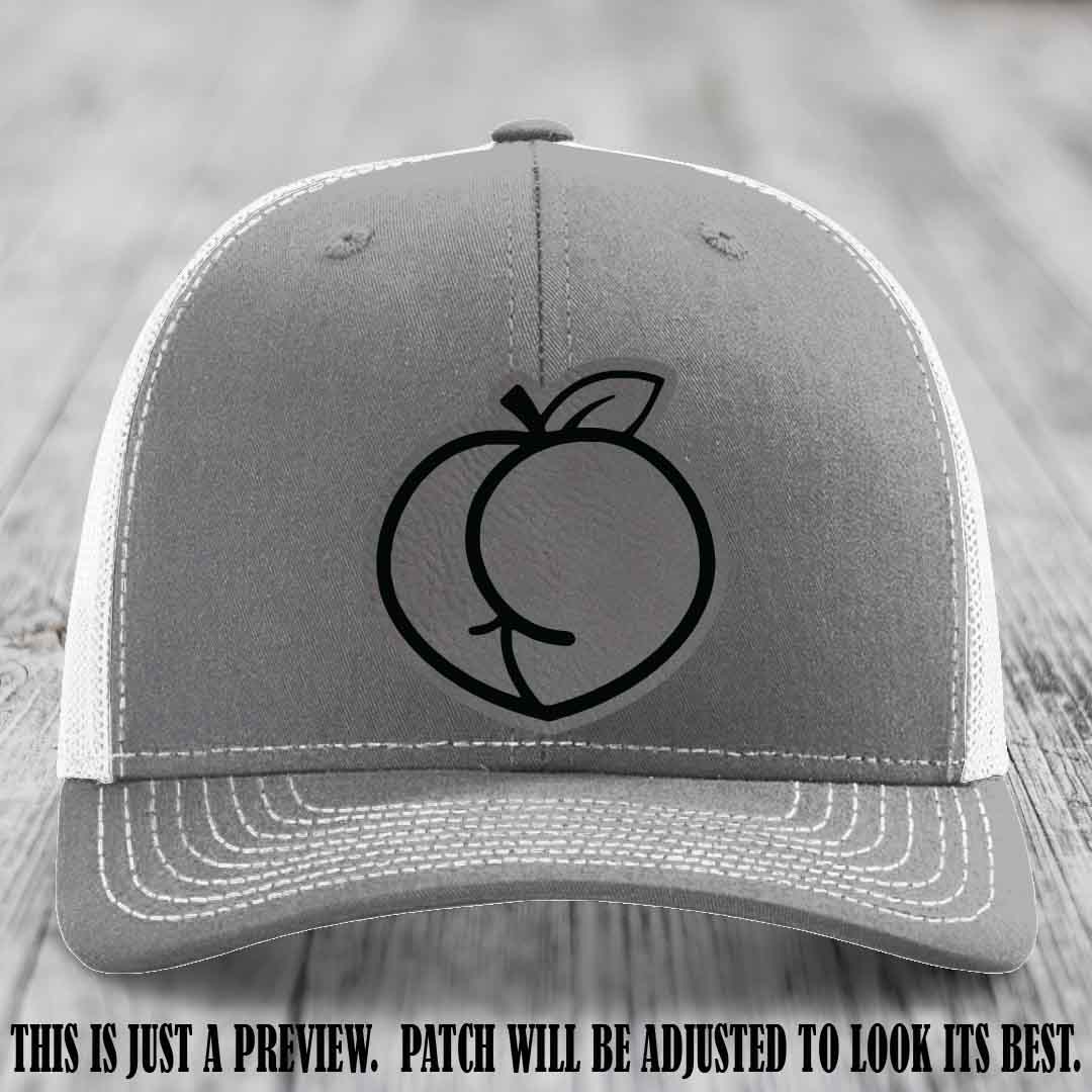 Peachy Keen Grey to Black Patch on Heather Grey to White Hat - Funny Custom Richardson 112 Leather Patch Hat
