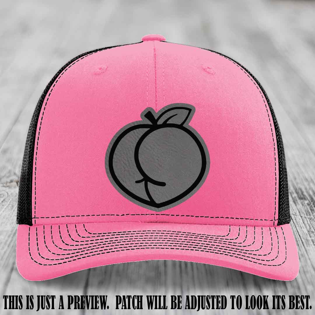 Peachy Keen Grey to Black Patch on Hot Pink to Black Hat - Funny Custom Richardson 112 Leather Patch Hat
