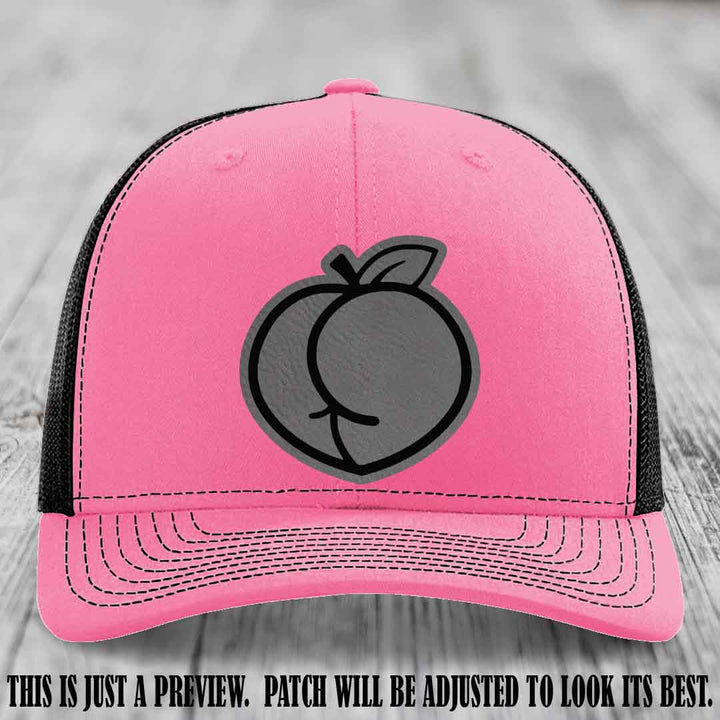 Peachy Keen Grey to Black Patch on Hot Pink to Black Hat - Funny Custom Richardson 112 Leather Patch Hat