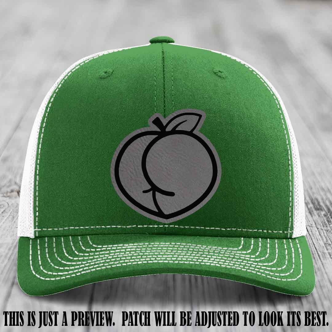 Peachy Keen Grey to Black Patch on Kelly to White Hat - Funny Custom Richardson 112 Leather Patch Hat