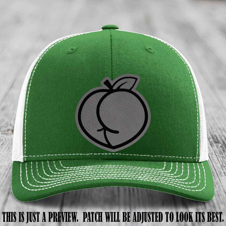 Peachy Keen Grey to Black Patch on Kelly to White Hat - Funny Custom Richardson 112 Leather Patch Hat
