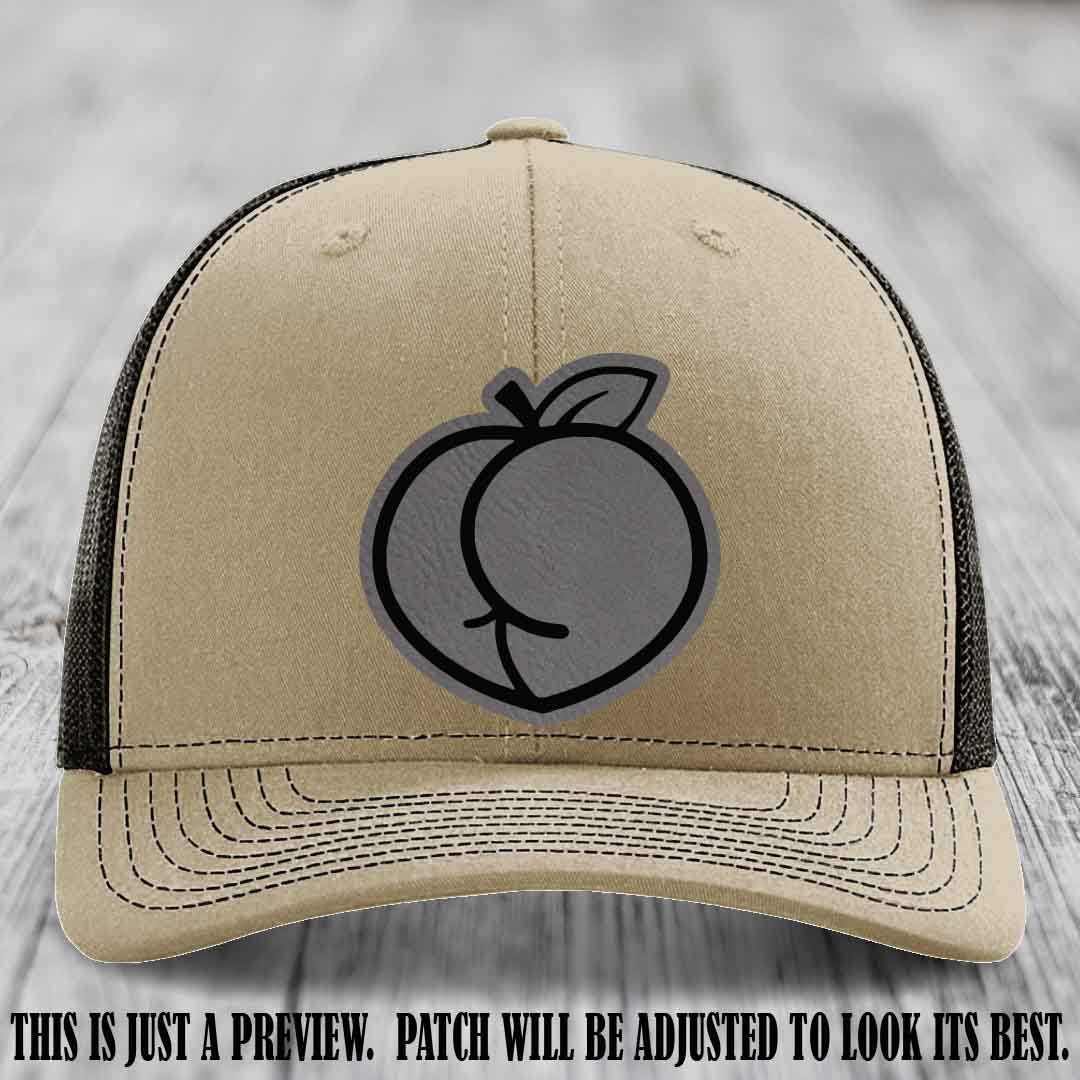 Peachy Keen Grey to Black Patch on Khaki to Coffee Hat - Funny Custom Richardson 112 Leather Patch Hat