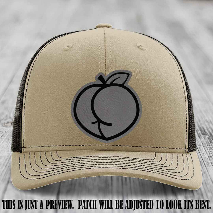 Peachy Keen Grey to Black Patch on Khaki to Coffee Hat - Funny Custom Richardson 112 Leather Patch Hat