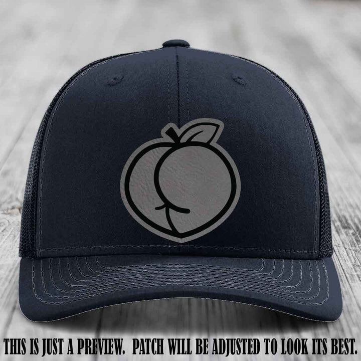 Peachy Keen Grey to Black Patch on Navy Hat - Funny Custom Richardson 112 Leather Patch Hat
